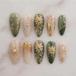 Sage Green Gold Press On Nails - 3D Flower Celestial False Nail Set, 10 Count - Image 1